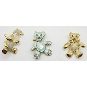 Gold Teddy Bear Brooches Pins Set Of 3 W/ Rhinestones Blue Enamel Accents